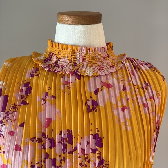 Nanette Laporte high smocked neck / waist accordion midi dress yellow purple 12 - Picture 3 of 12